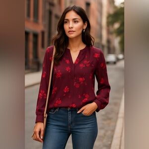 Ava & Viv Burgundy Blouse with Red Floral Accents NWT